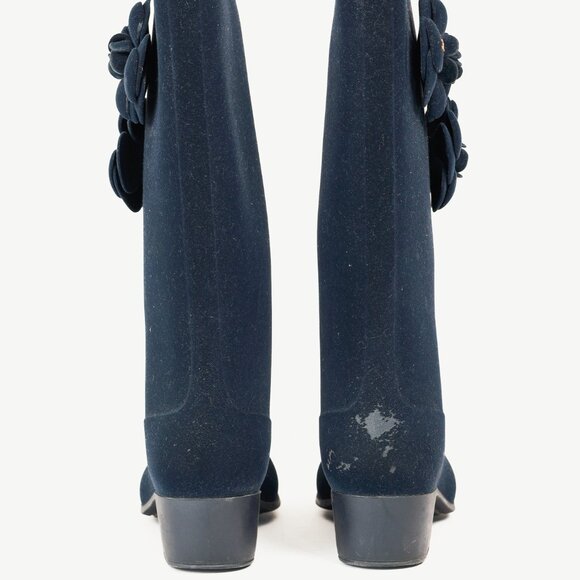 Chanel 11A Navy Velvet Camellia Rubber Rain Boots - Picture 3 of 12